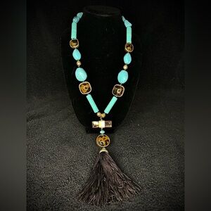 Chico’s Long Statement Necklace Turquoise Beads & Tassel Boho Style item#0029